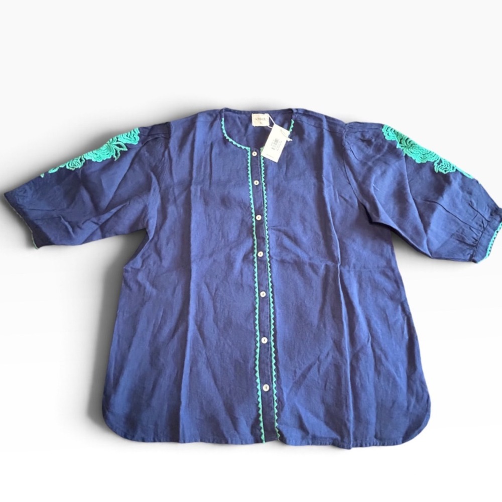 Sonmer Mily Blue Linen Blouse XL Green Ric Rac Floral Embroidery Button Front